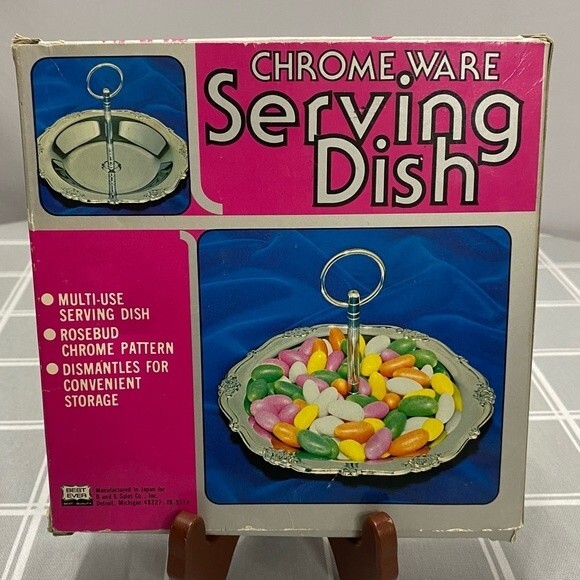 NOS Vintage Chrome Serving Tray Detachable Handle Serving Spoon Original Box - Picture 2 of 6